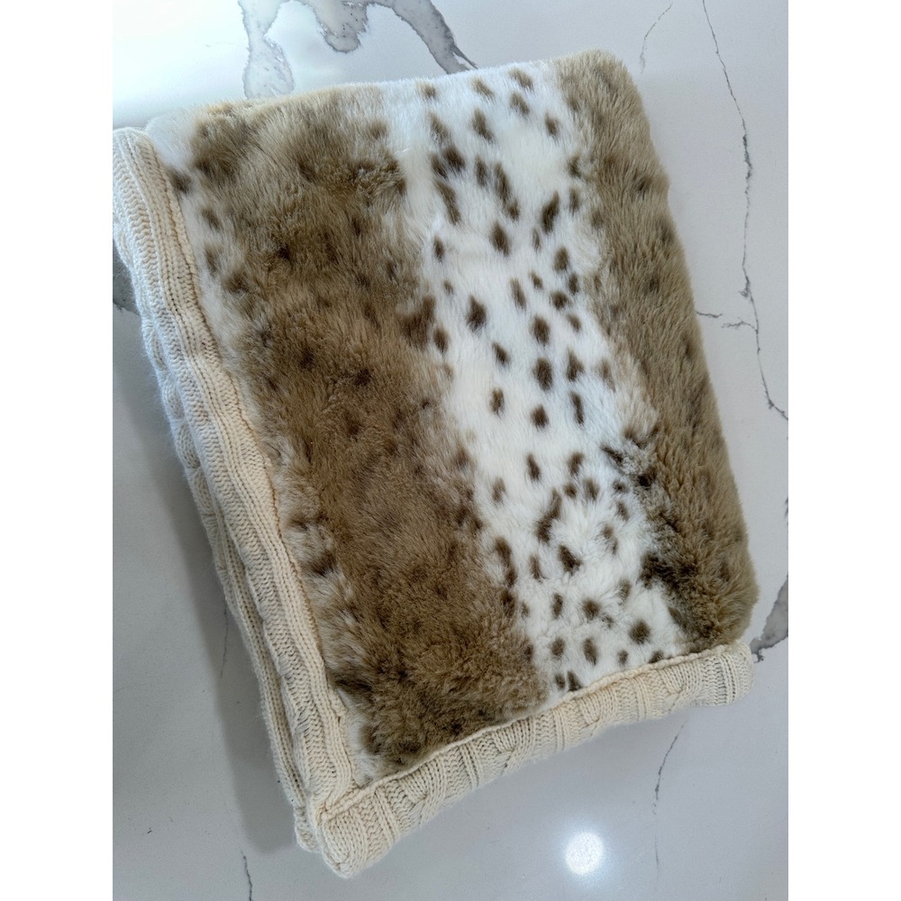 Restoration Hardware Baby Child Faux Fur Cable‎ Knit Blanket Cream Leopard Print